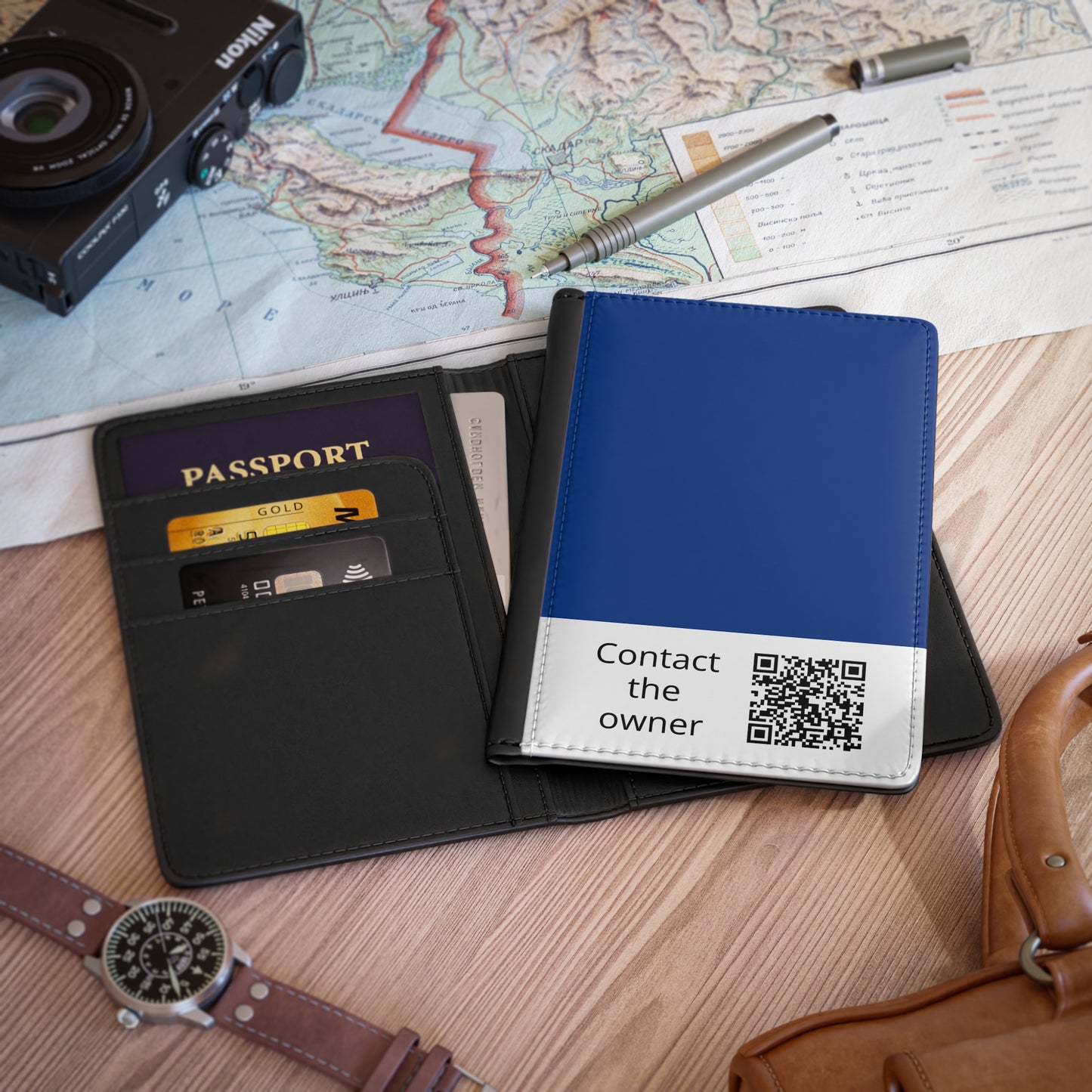 Passport Cover — Minimal QR 'Contact the Owner' Travel Passport Holder Blue