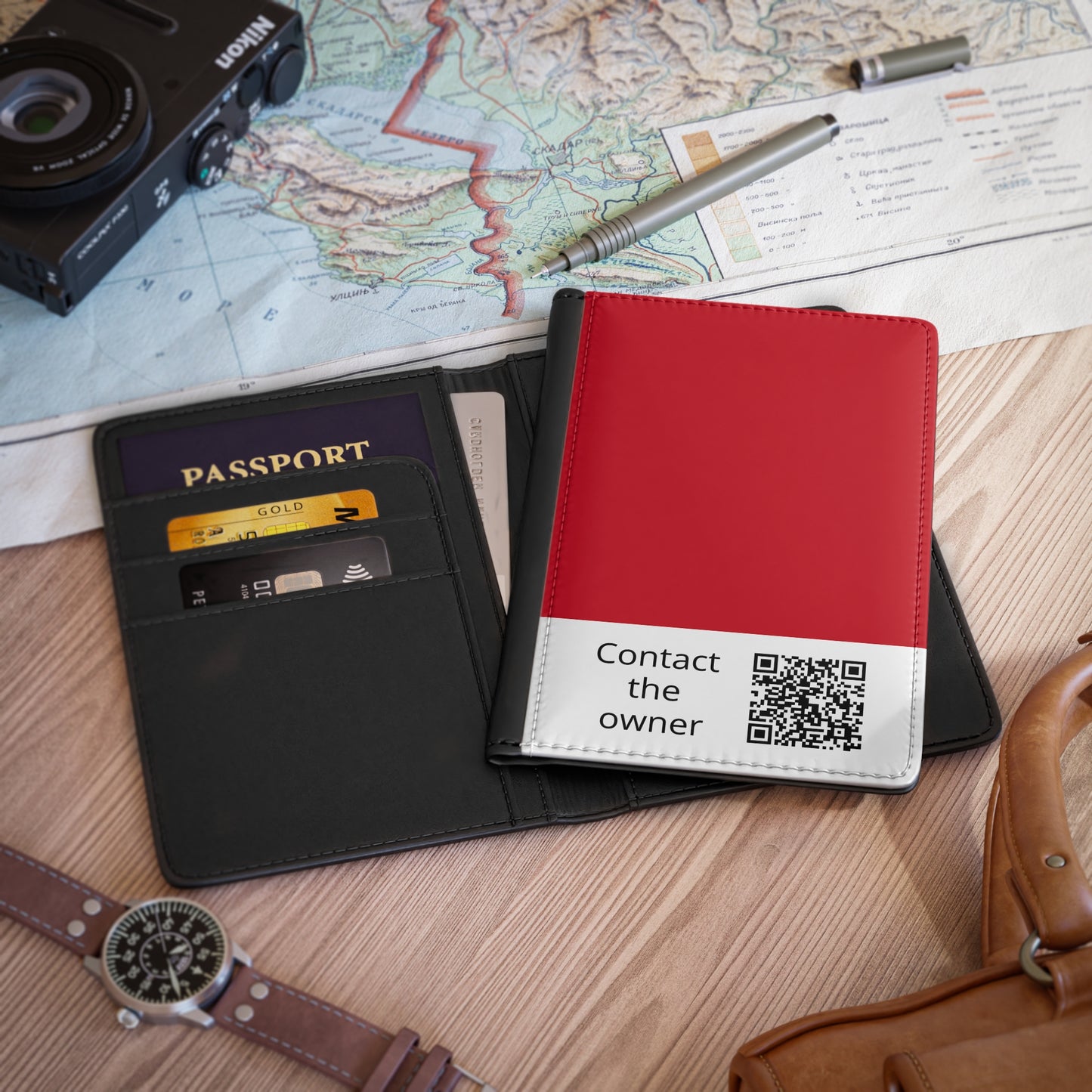 Passport Cover — Minimal QR 'Contact the Owner' Travel Passport Holder Red